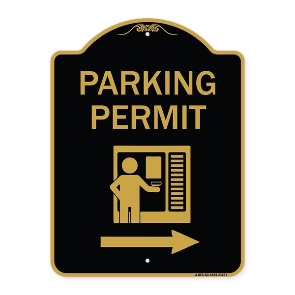 Signmission Parking Permit With Right Arrow, Black & Gold Aluminum Architectural Sign, 18" x 24", BG-1824-23401 A-DES-BG-1824-23401 - main